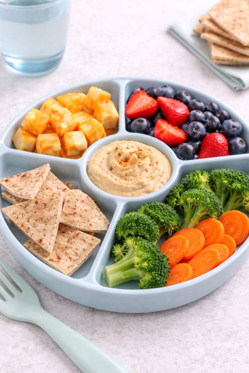 A divided plate with cubes of cheese, strawberries, blueberries, pita bread pieces, broccoli, sliced carrots, and a central section of hummus. Crackers and a glass of water are in the background.