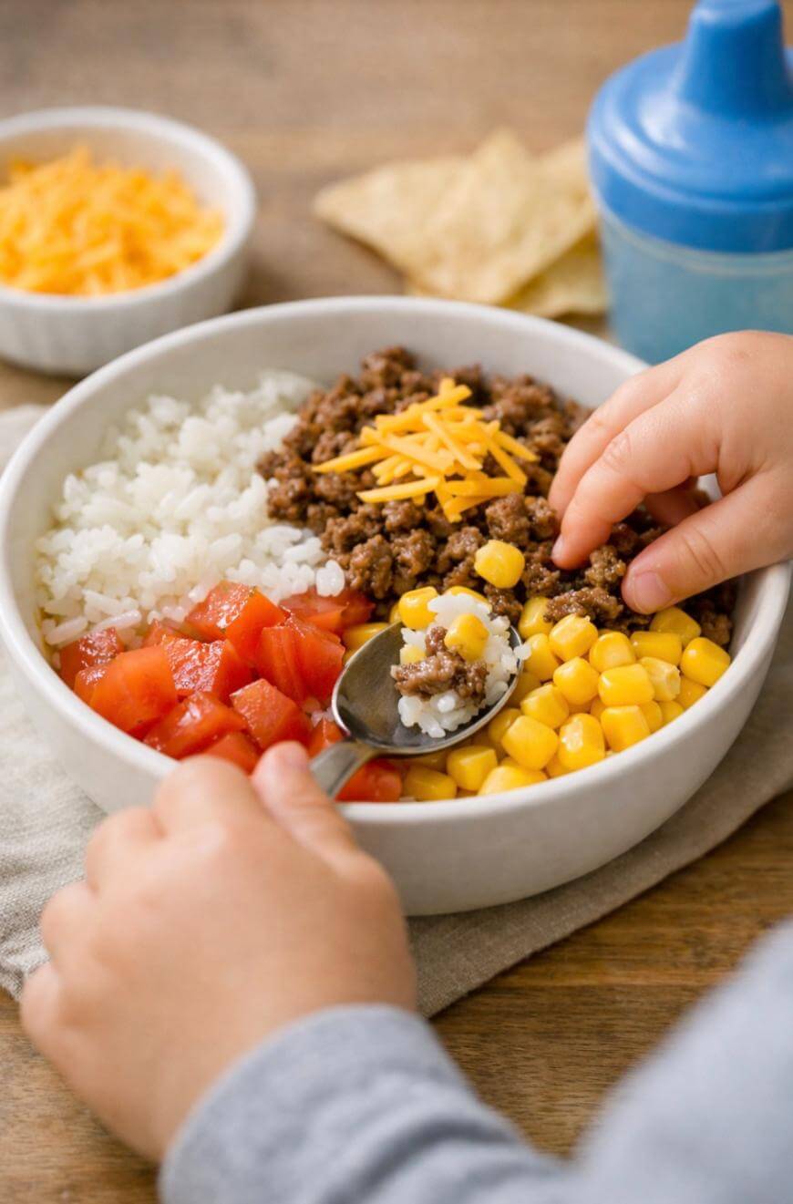 A childs hands hold a spoon over a bowl filled with rice, ground beef topped with shredded cheese, diced tomatoes, and corn. A blue sippy cup and a bowl of shredded cheese are in the background.