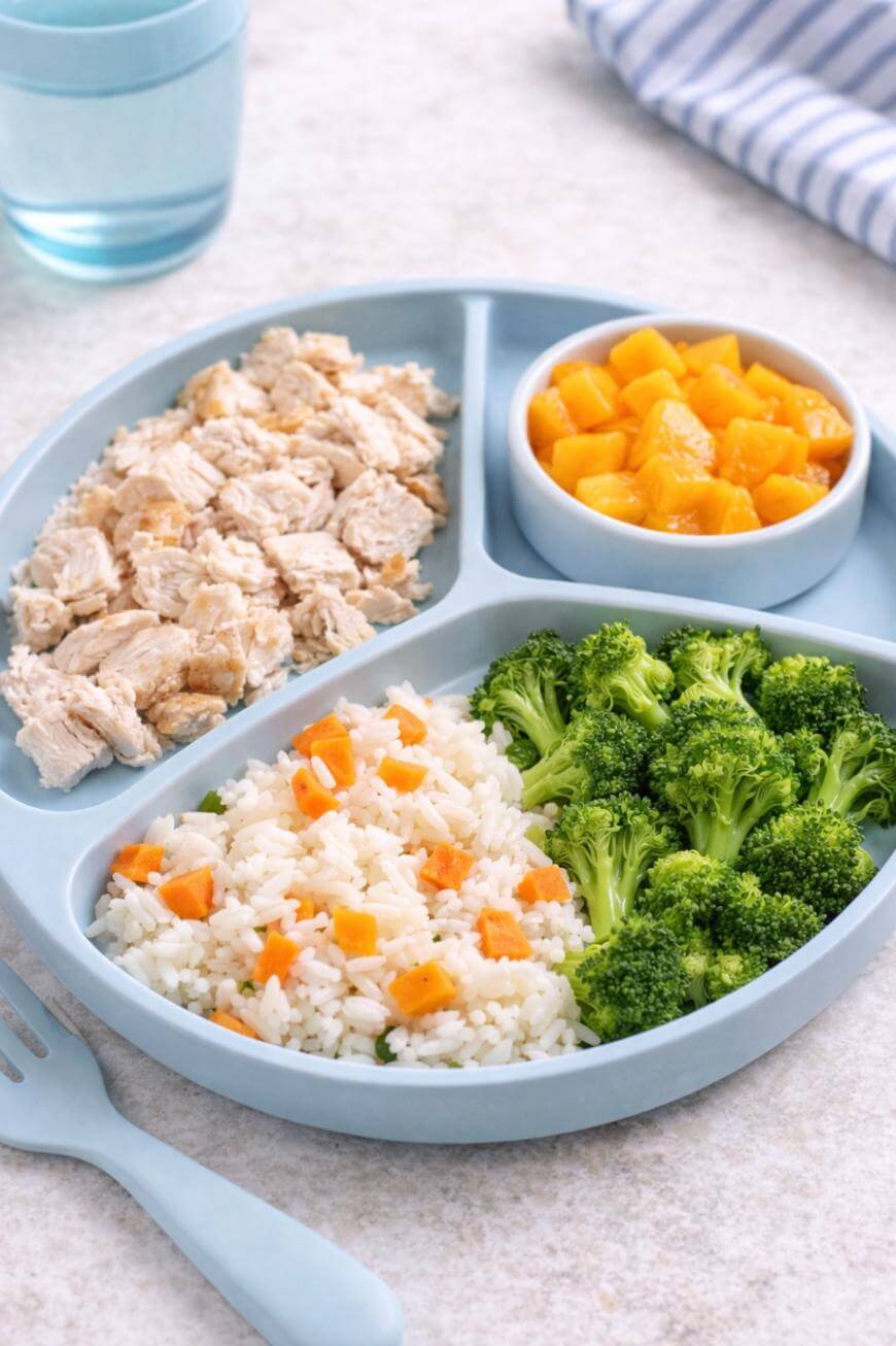 A divided plate with sections of shredded chicken, white rice mixed with diced carrots, steamed broccoli, and a small portion of diced peaches. A blue fork, a glass of water, and a striped napkin are nearby.