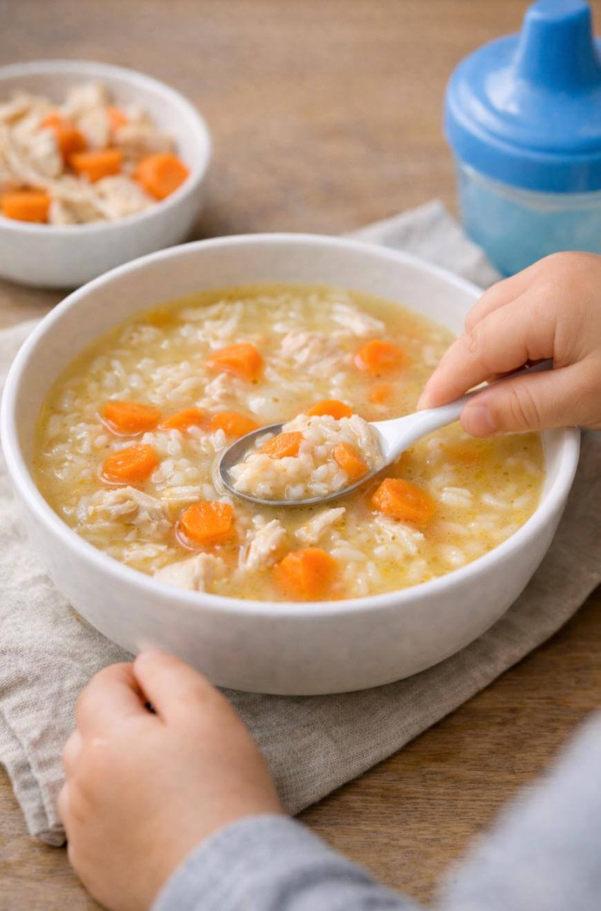 A child’s hands hold a spoon and a bowl filled with chicken soup containing rice and carrot slices, with a bowl of more soup and a blue sippy cup in the background on a wooden table.
