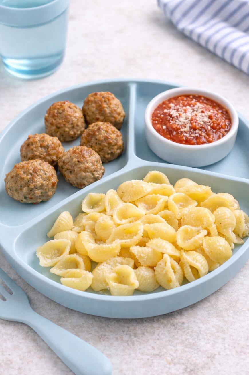 A blue divided plate with pasta shells topped with grated cheese, four meatballs, and a small cup of marinara sauce. A plastic fork, a glass of water, and a striped napkin are nearby.