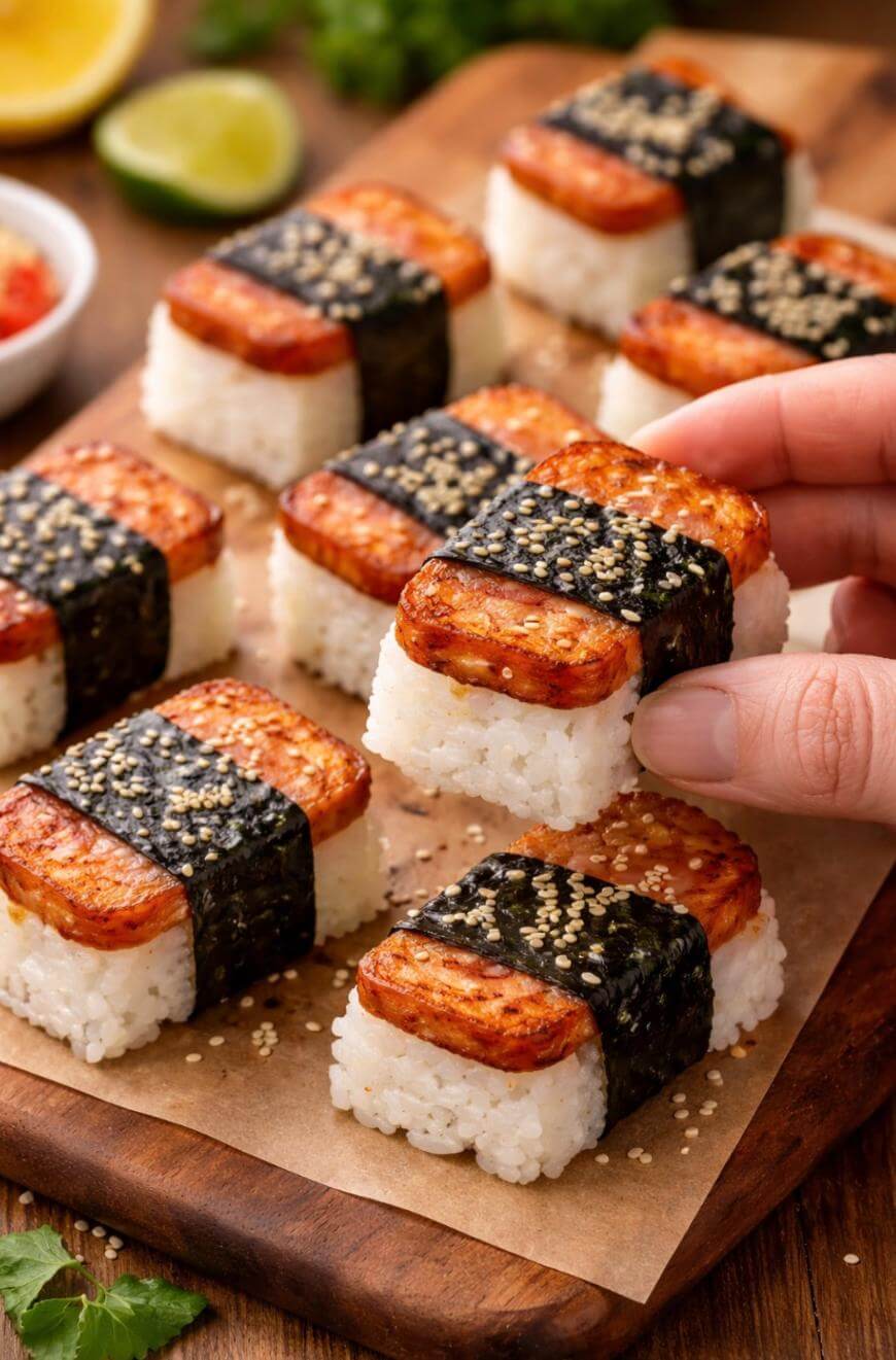 A hand picks up a piece of Spam musubi from a wooden board. Several musubi pieces, each with rice, grilled Spam, seaweed wrap, and sesame seeds, are arranged on parchment paper. Lime and herbs are blurred in the background.