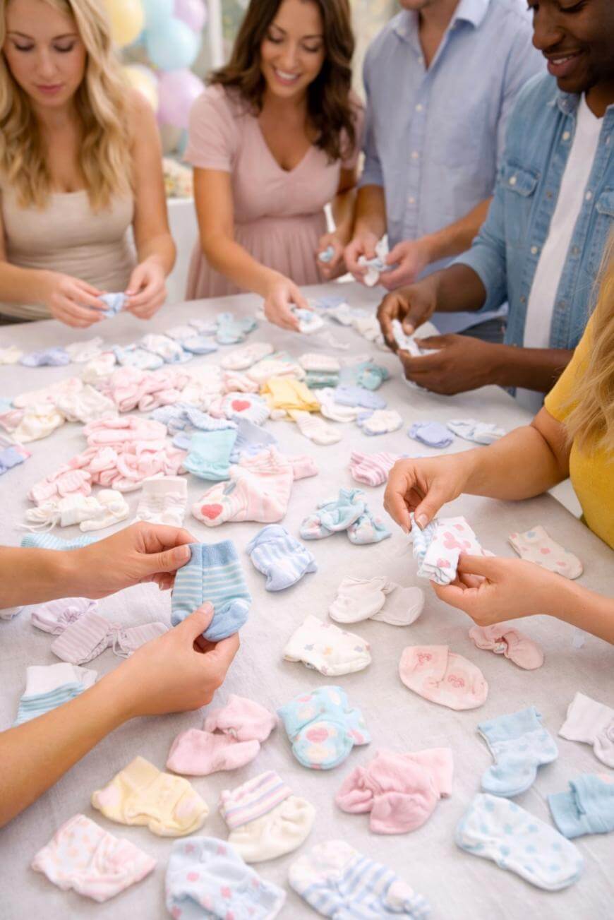 A group of people stand around a table sorting colorful baby socks. The table is covered with various pairs in pastel colors and patterns. Everyone appears engaged and happy, suggesting a baby shower or similar event.