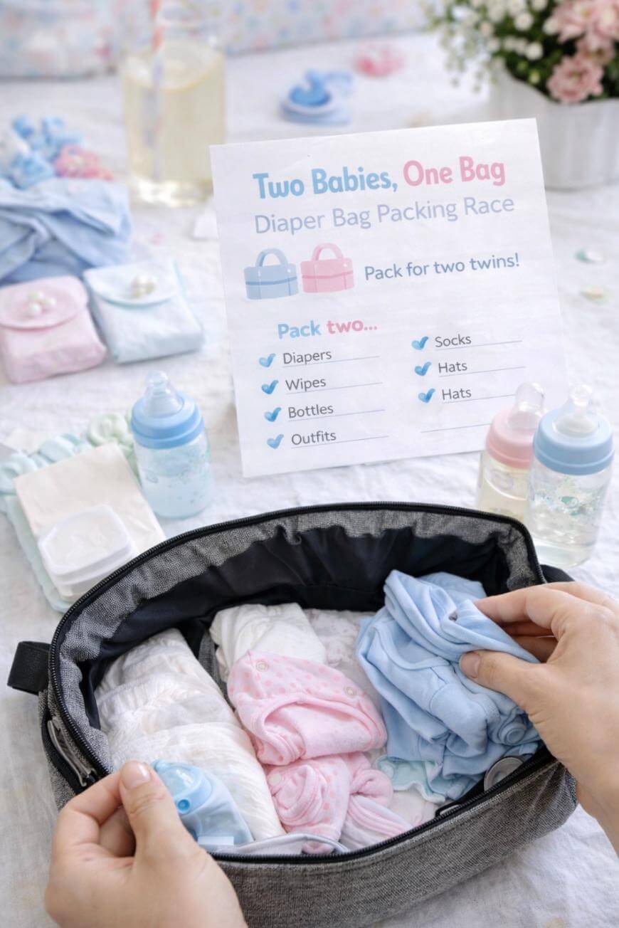A diaper bag is being packed with baby clothes and supplies. A checklist titled Two Babies, One Bag: Diaper Bag Packing Race lists items like diapers, wipes, bottles, outfits, socks, and hats for twins. Baby bottles and clothes are on the table.