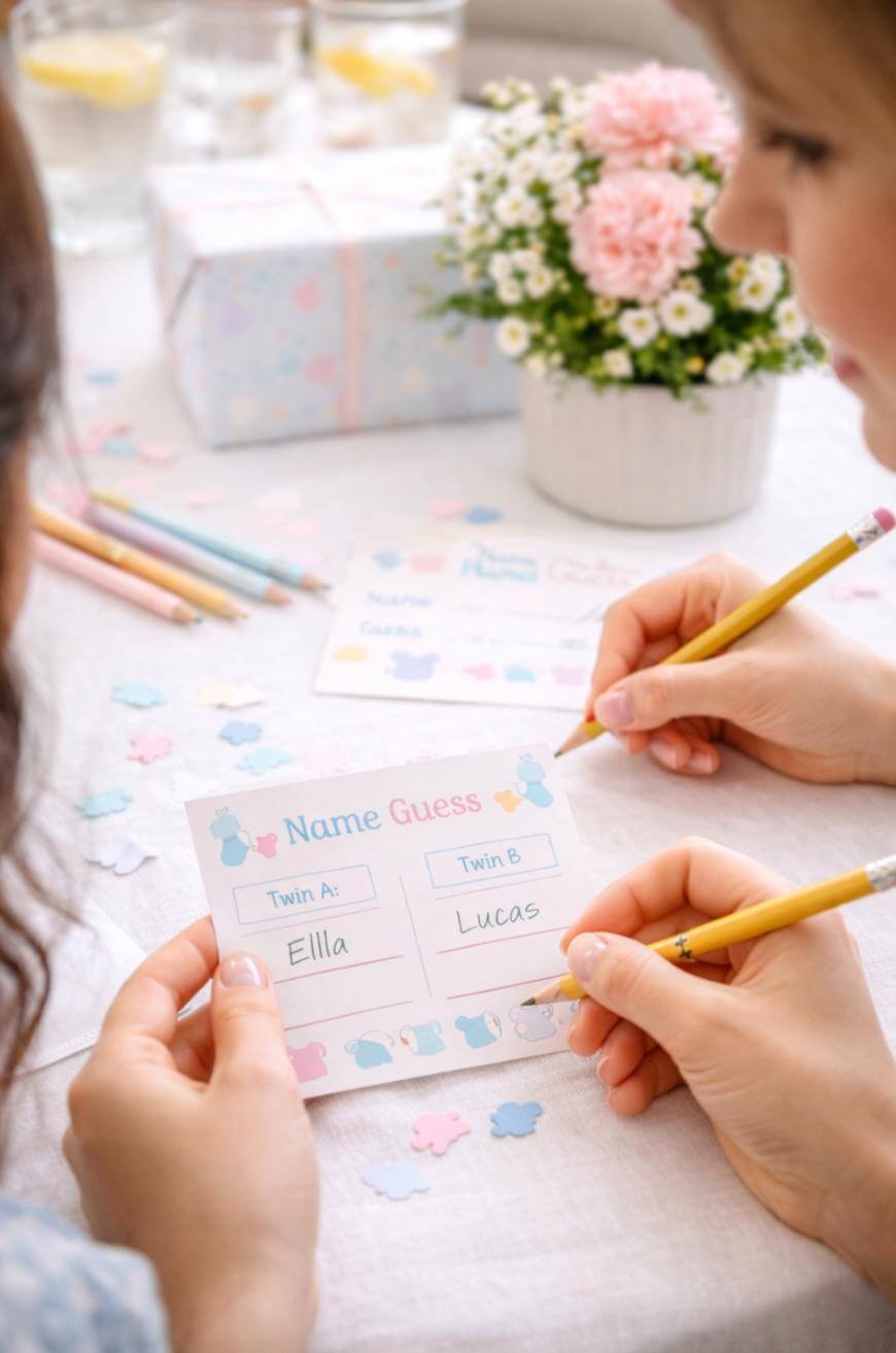 Two people hold and fill out a Name Guess card at a baby shower, writing Ella and Lucas as guesses. Pastel decorations, colored pencils, flowers, and a wrapped gift are on the table.