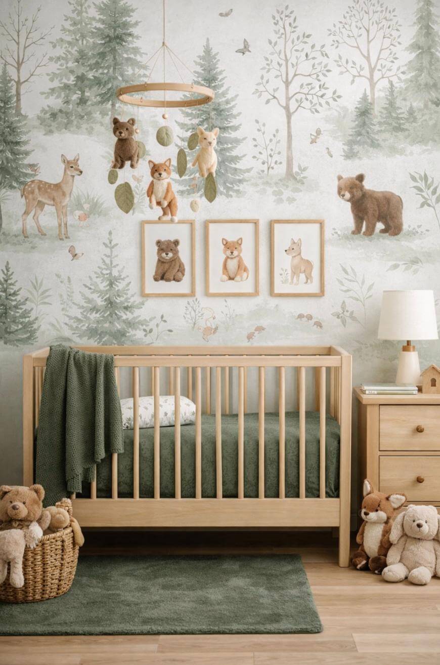 A nursery with a woodland theme features a wooden crib, green bedding, animal-themed wall art, plush toys, a dresser with a lamp, and a forest mural with deer and bears in the background.