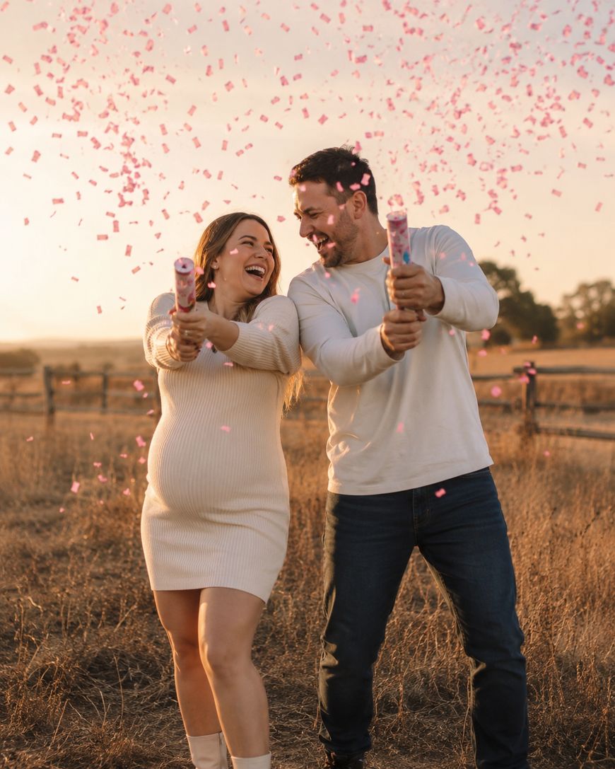 A smiling couple stands outdoors, holding confetti cannons that shoot pink confetti into the air; the woman, visibly pregnant, and the man are celebrating together at sunset in a rustic field.