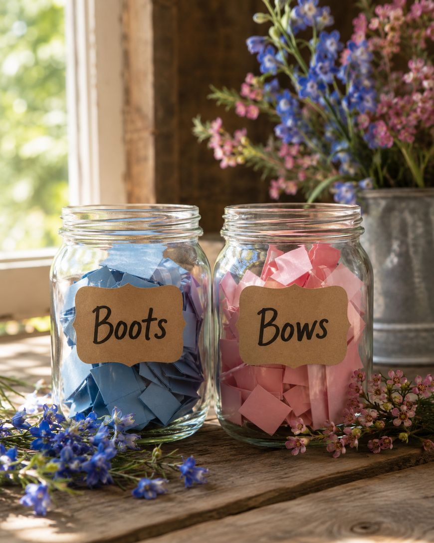 Two glass jars labeled Boots and Bows sit on a table. The Boots jar contains blue paper slips, and the Bows jar contains pink paper slips. Flowers and a window are in the background.