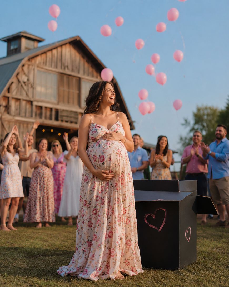 A smiling pregnant woman in a floral dress stands by an open box releasing pink balloons, surrounded by cheering friends and family in front of a rustic barn under a clear sky.