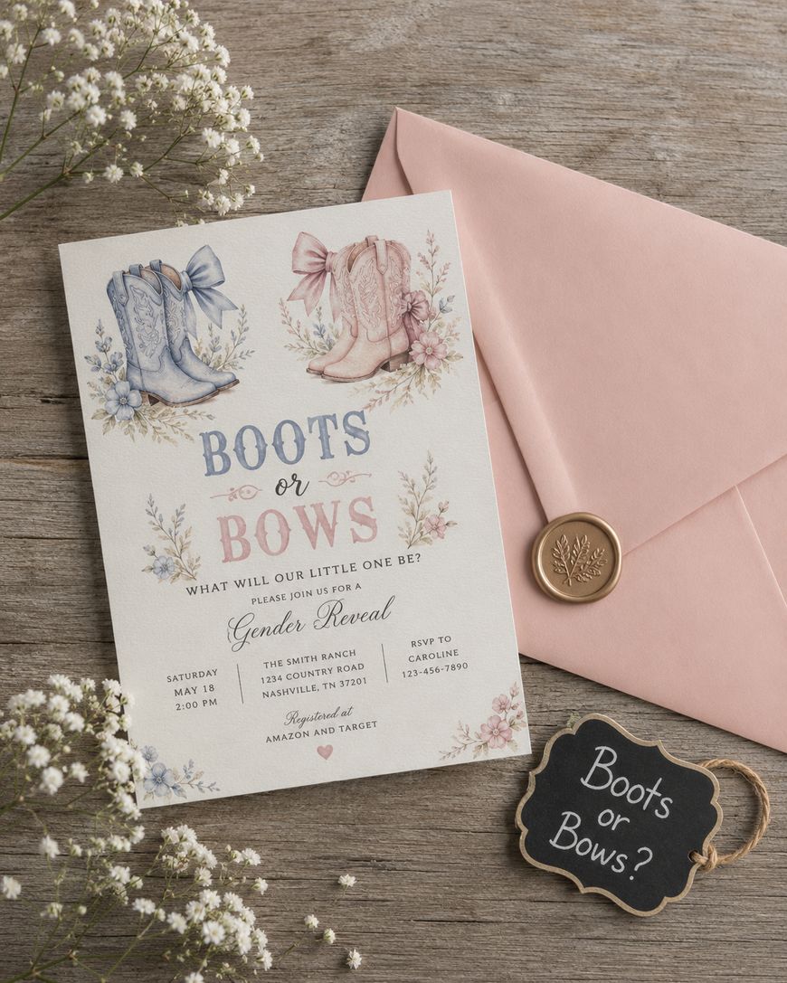A gender reveal invitation card with illustrations of blue boots and a pink bow, placed next to a pink envelope with a wax seal, and a small chalkboard sign reading Boots or Bows?, all on a wooden surface with flowers.