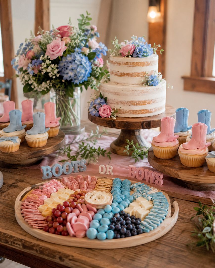 A rustic table displays a Boots or Bows themed baby shower spread with a naked cake, flower arrangements, cupcakes topped with pink and blue boots, and a charcuterie board with fruits and candies.