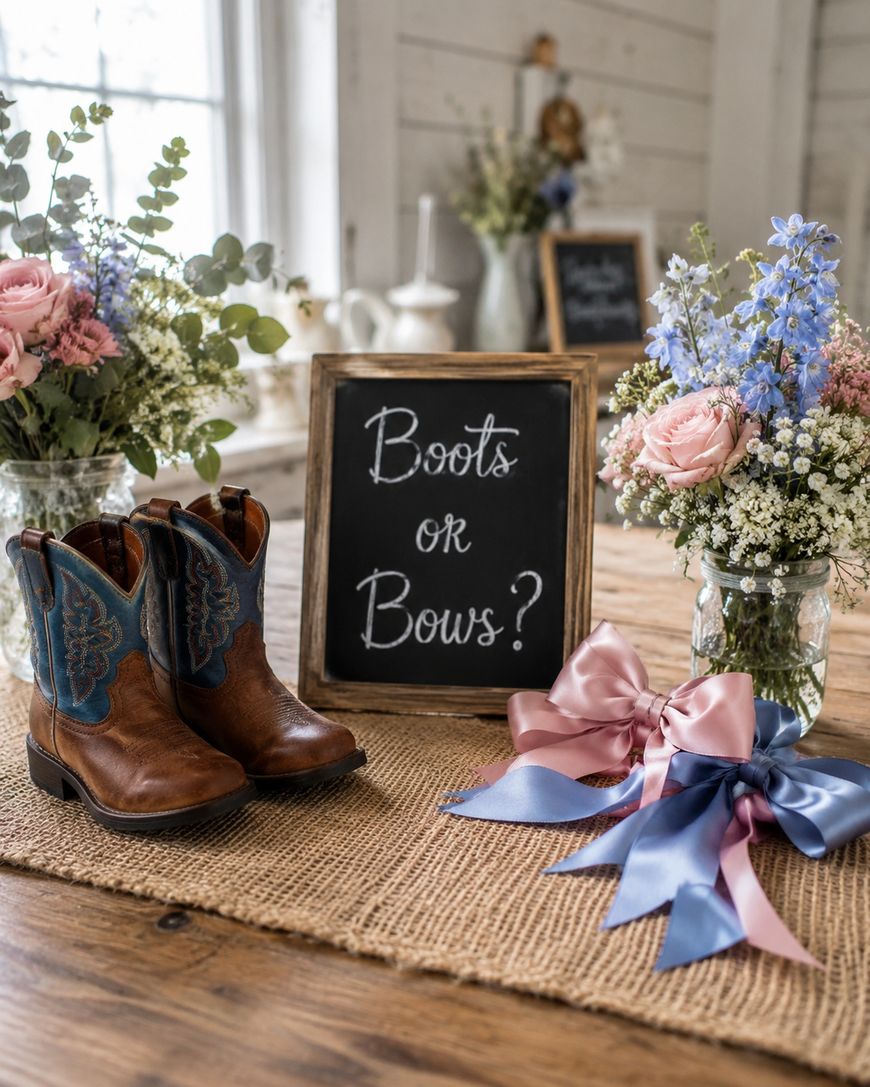 A rustic table displays small cowboy boots, pink and blue bows, flower arrangements in glass jars, and a chalkboard sign that reads Boots or Bows? in a cozy, light-filled room.