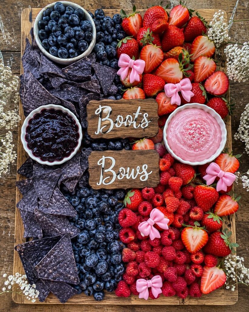 A wooden tray with sections of blueberries, strawberries, raspberries, blue corn chips, a bowl of jam, a bowl of pink dip, and small pink bow decorations. Wooden signs read Boots and Bows. Baby’s breath flowers line the edges.