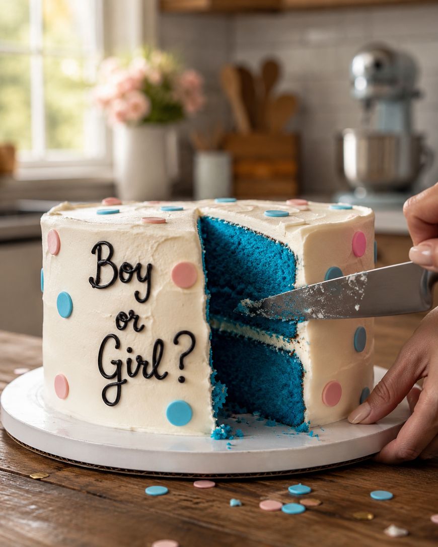 A hand slices a white frosted cake with pink and blue dots, revealing bright blue interior. The cake says Boy or Girl? in black icing. Its set on a wooden table in a kitchen.