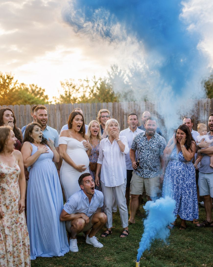 A group of people stand in a backyard, reacting with excitement and surprise as blue smoke rises from a device on the ground, indicating a gender reveal celebration. Many are smiling and looking at the smoke.
