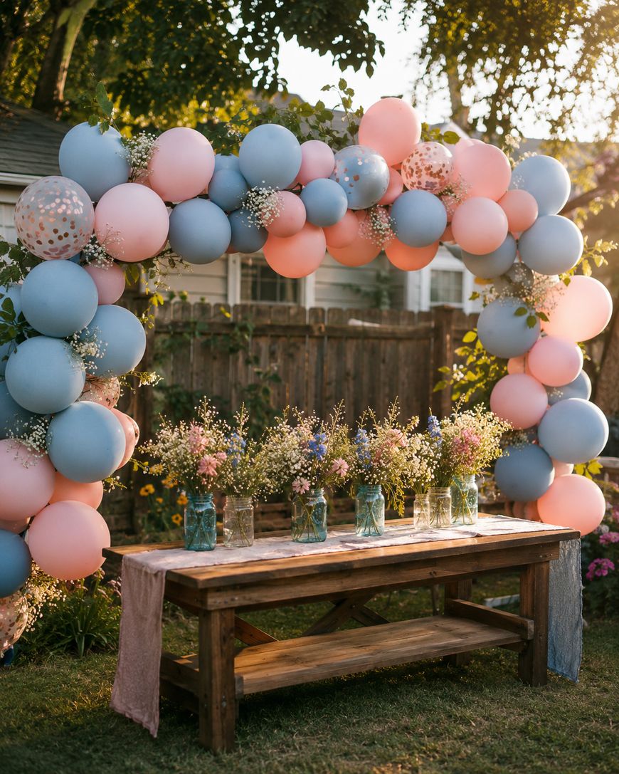 A wooden table with glass vases of flowers is set outdoors under a large arch made of pink and blue balloons, decorated with greenery and white flowers, in a sunlit backyard.