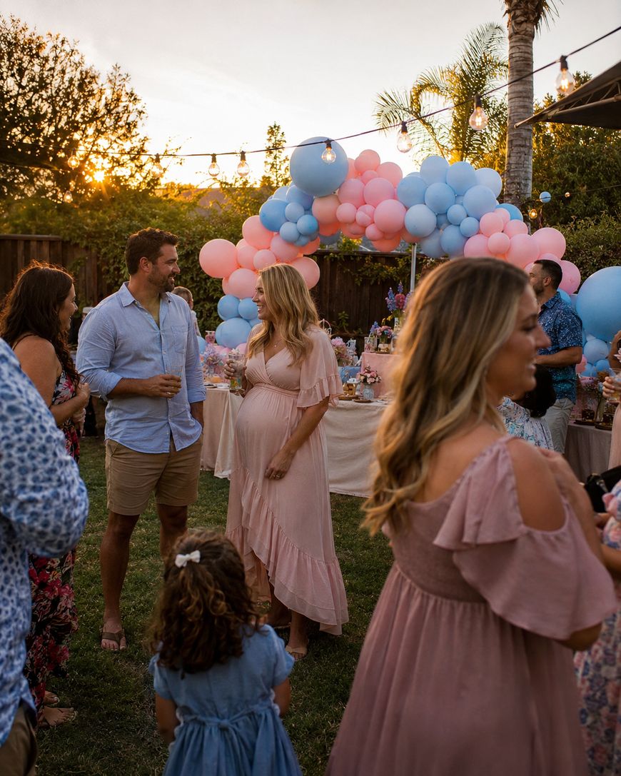 People gather outdoors at sunset for a celebration, with a pregnant woman in a pink dress as the focus. Blue and pink balloons decorate the area, suggesting a gender reveal or baby shower. Guests are talking and mingling.