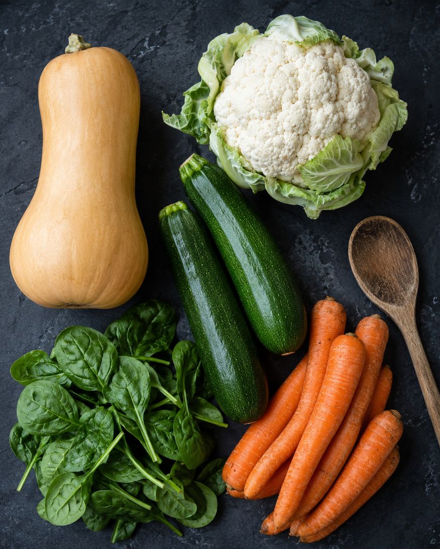 A group of fresh vegetables on a dark surface: a butternut squash, a head of cauliflower, two zucchinis, a bunch of carrots, a pile of spinach, and a wooden spoon.