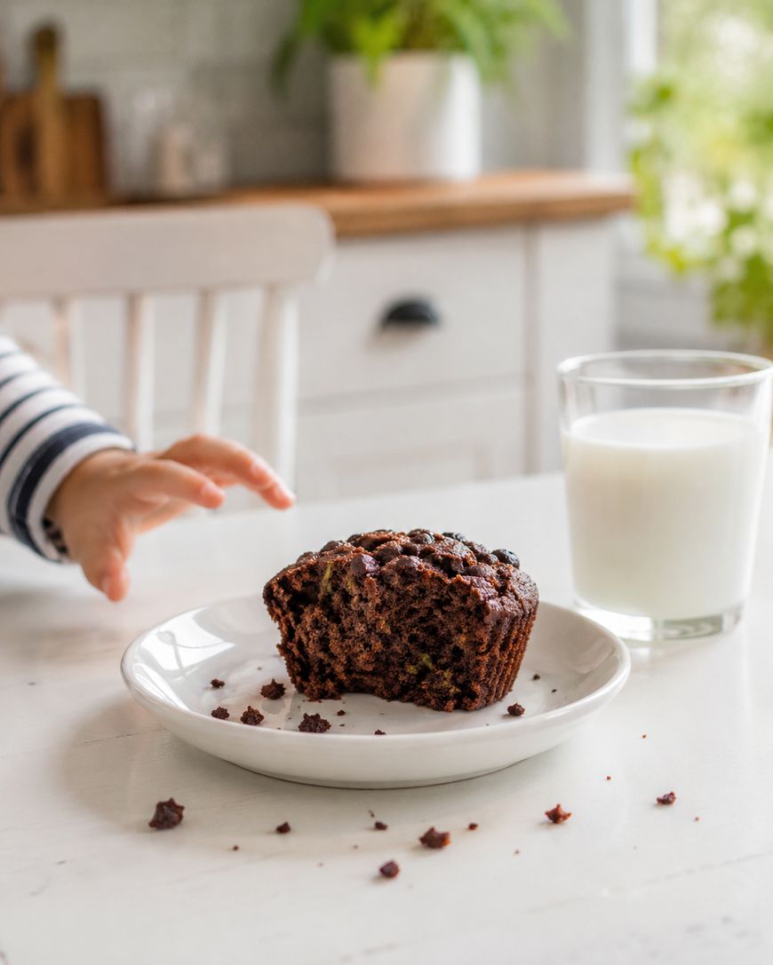 A child’s hand reaches for a chocolate muffin with a bite taken out, sitting on a white plate next to a glass of milk on a kitchen table. The background shows a plant and blurred kitchen elements.