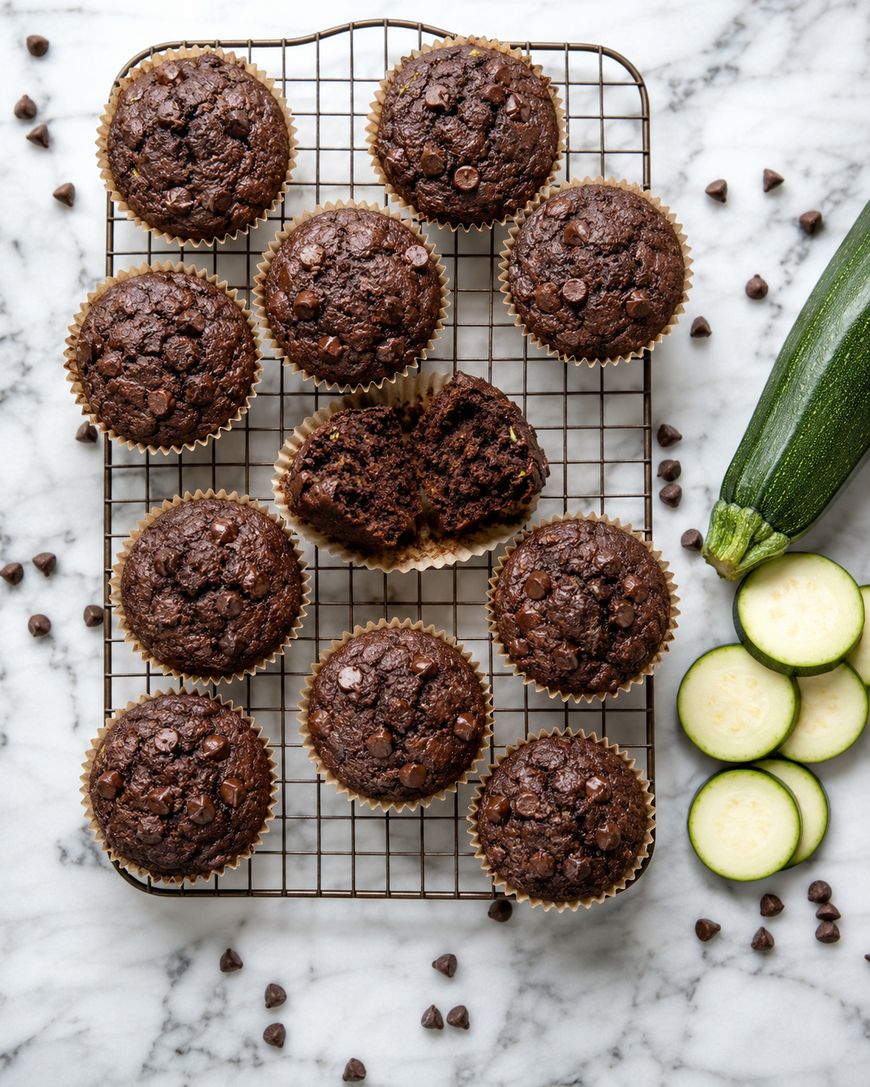 Twelve chocolate muffins, one split open, sit on a cooling rack with chocolate chips scattered around. A whole zucchini and zucchini slices are on the marble surface beside the rack.