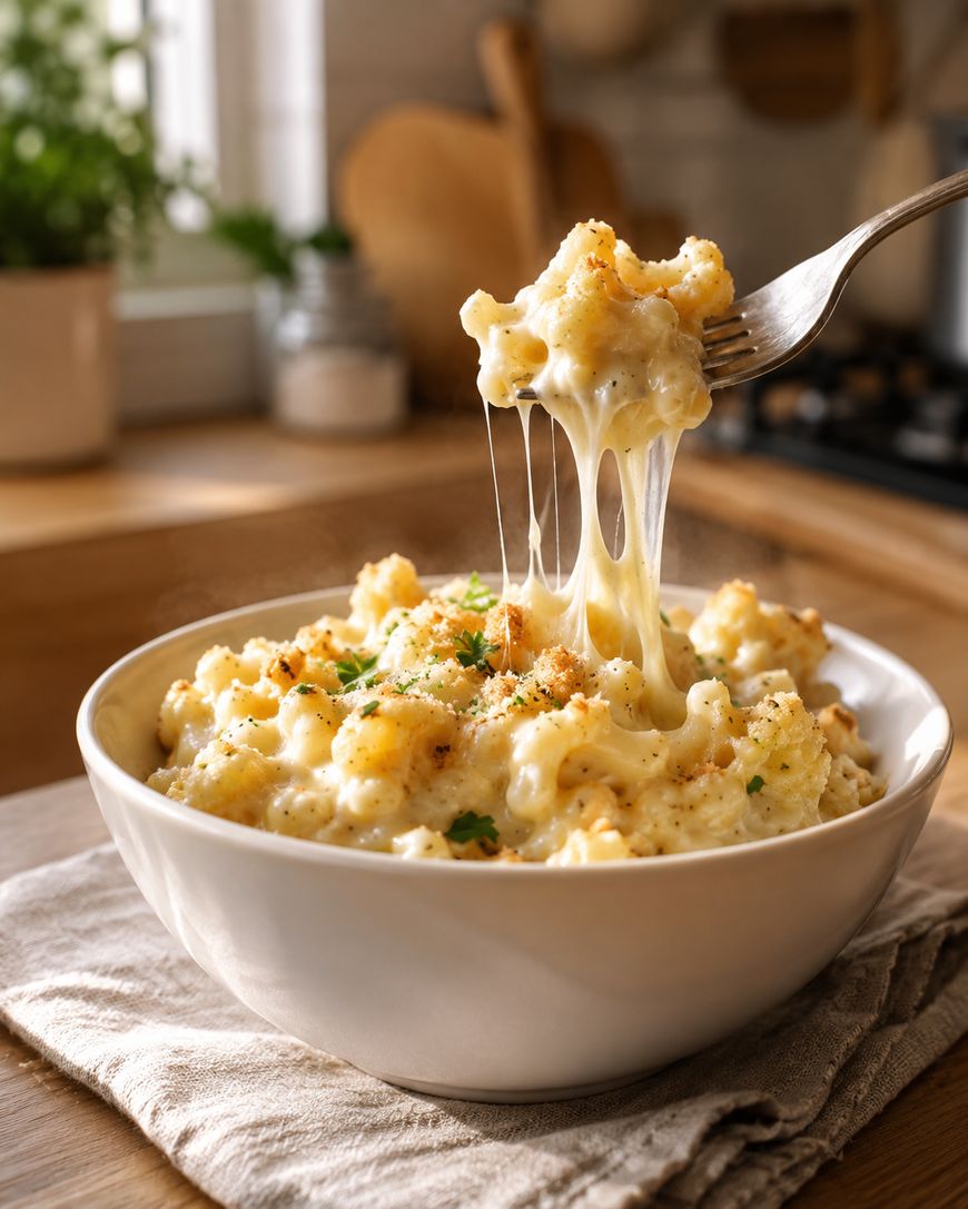 A bowl of creamy macaroni and cheese sits on a cloth napkin, with a fork lifting up a cheesy bite, showing melted cheese stretching. The background features a cozy kitchen scene with soft natural light.