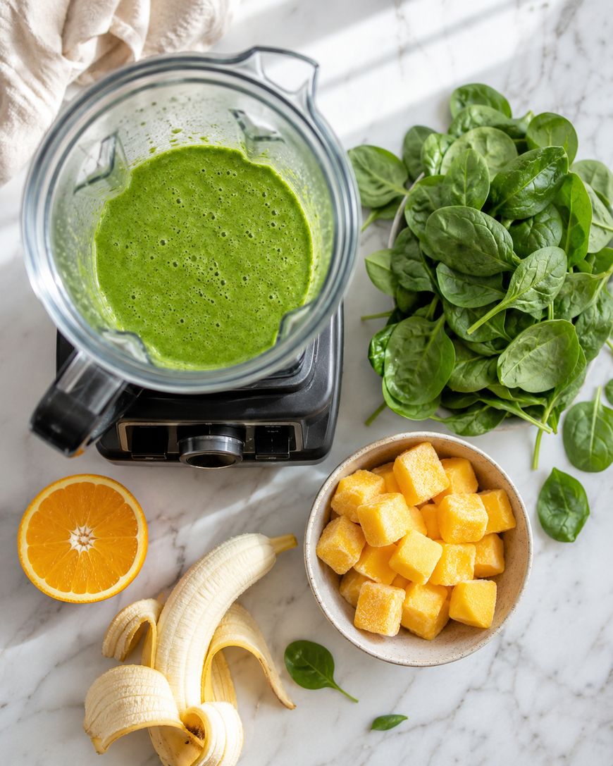A blender with green smoothie sits on a marble counter next to fresh spinach leaves, a peeled banana, a halved orange, and a bowl of frozen mango chunks. Sunlight shines on the ingredients.