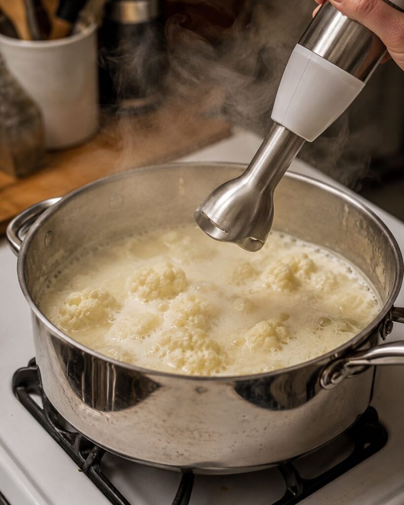 A hand holds an immersion blender over a steaming pot of cauliflower florets cooking in liquid on a stovetop, preparing to blend the mixture.