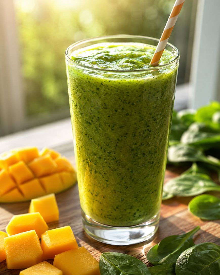 A tall glass of green smoothie with a striped straw sits on a wooden surface, surrounded by fresh spinach leaves and diced mango, with sunlight streaming through a window in the background.