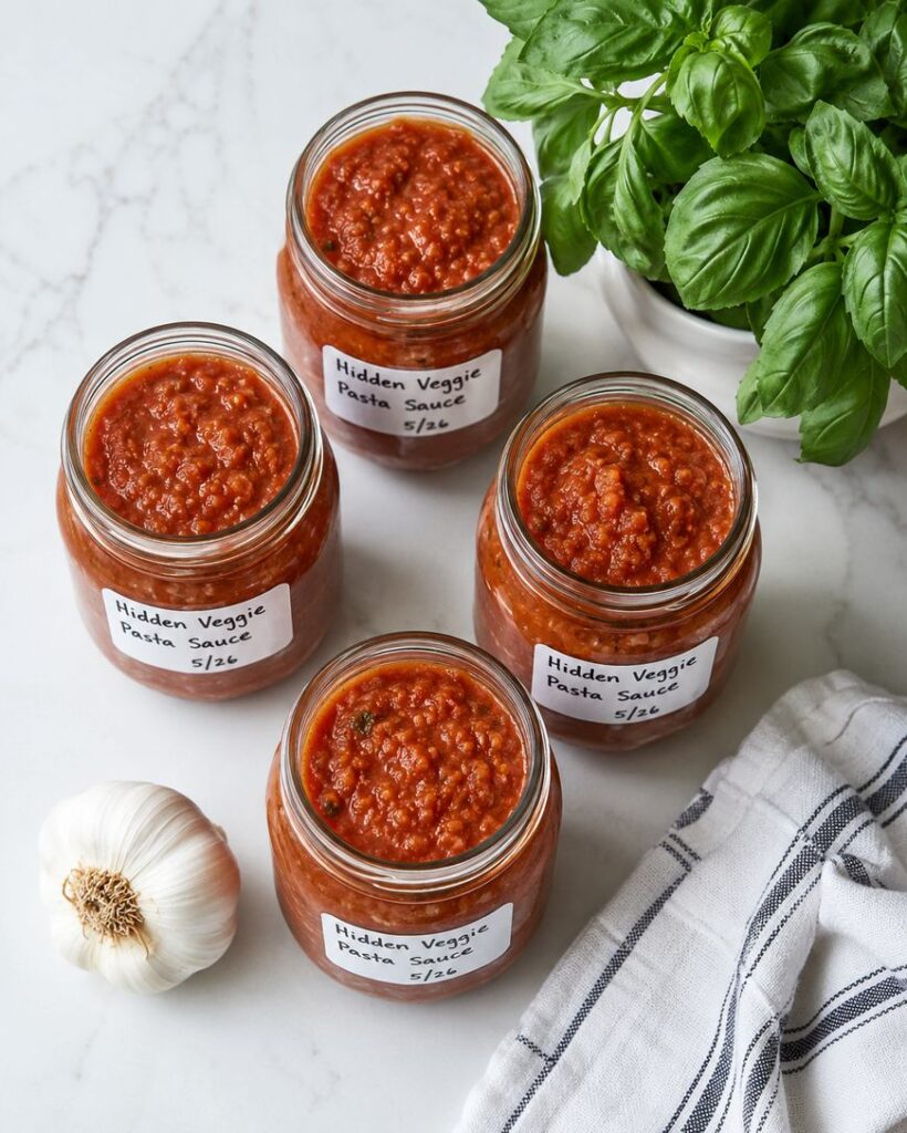 Four jars of homemade hidden veggie pasta sauce sit on a marble counter near a bunch of fresh basil, a garlic bulb, and a striped kitchen towel. Handwritten labels on the jars show the date, 5/26.