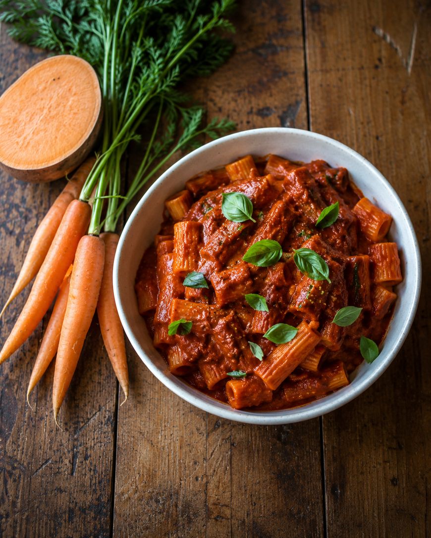 A bowl of rigatoni pasta in a rich tomato sauce, garnished with fresh basil leaves, sits on a wooden table next to a bunch of fresh carrots with green tops.