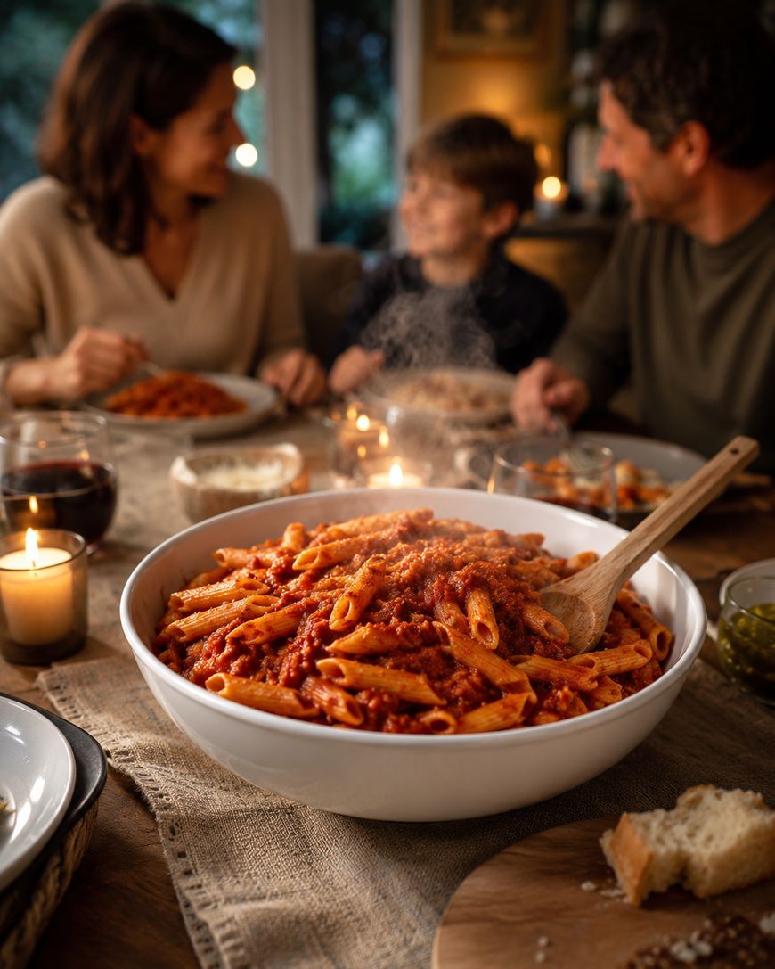 A family of three sits at a warmly lit dinner table, smiling and talking, with a large bowl of penne pasta in tomato sauce in the foreground. Candles, wine, bread, and other foods are on the rustic table.