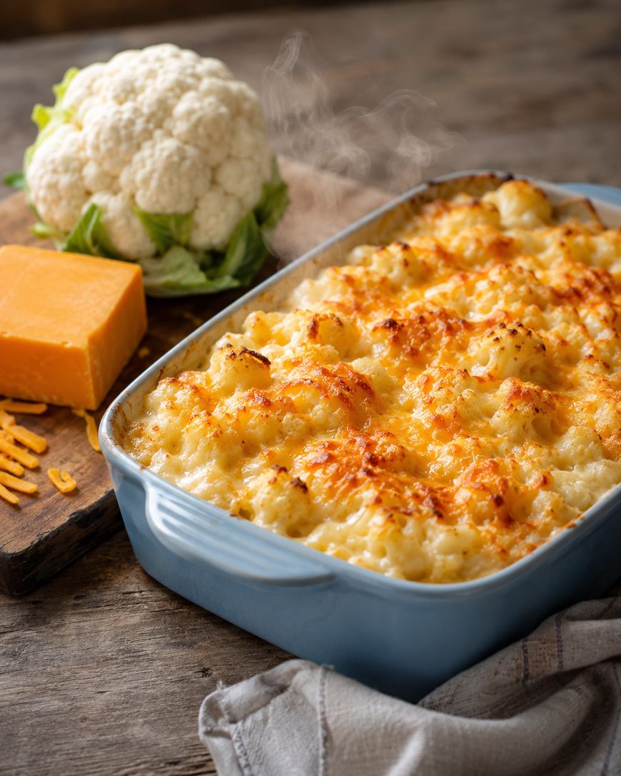 A baking dish of golden, cheesy cauliflower mac and cheese sits on a rustic wooden table, with a block of cheddar cheese and a head of cauliflower in the background. Steam rises from the hot dish.