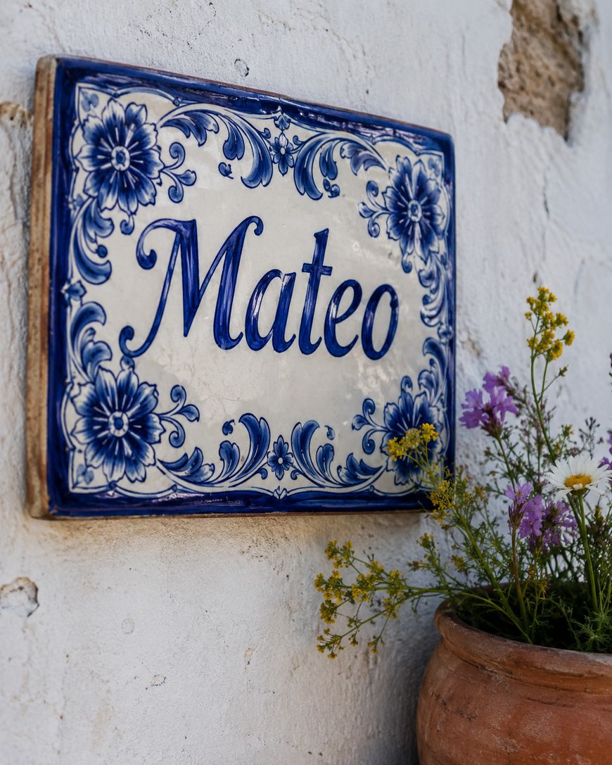 A decorative ceramic sign with blue floral patterns and the name Mateo hangs on a white textured wall next to a terracotta pot filled with small yellow and purple flowers.