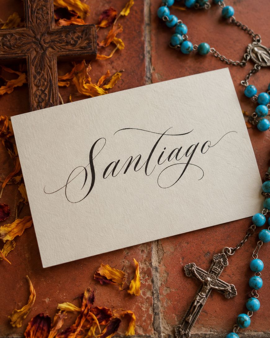A card with the name Santiago written in elegant calligraphy is placed on a terracotta surface, surrounded by a wooden cross, a blue rosary, a silver crucifix, and dried flower petals.