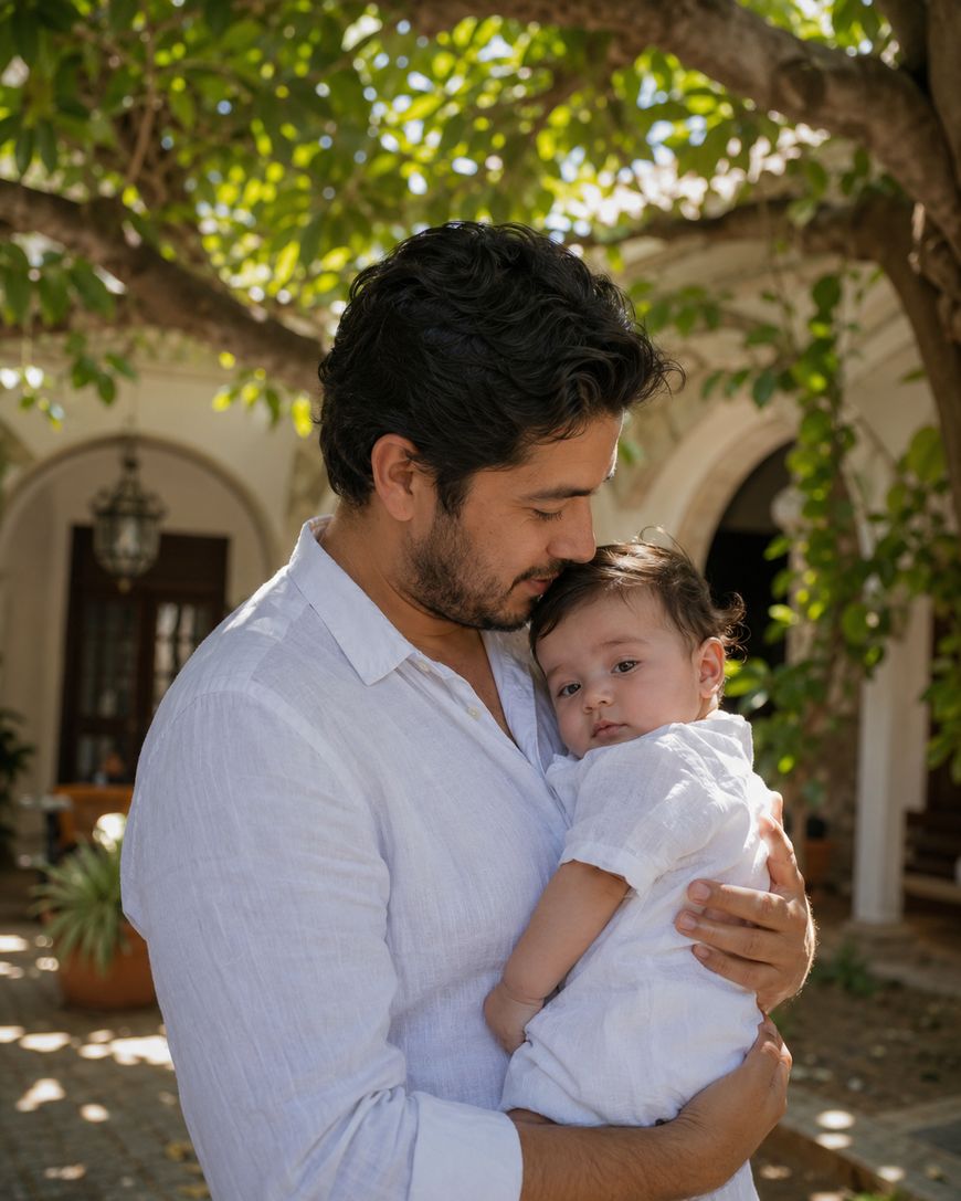 A man in a white shirt lovingly holds a baby dressed in white outdoors, standing under a leafy tree with a building in the background. Sunlight filters through the leaves, creating a warm and peaceful atmosphere.