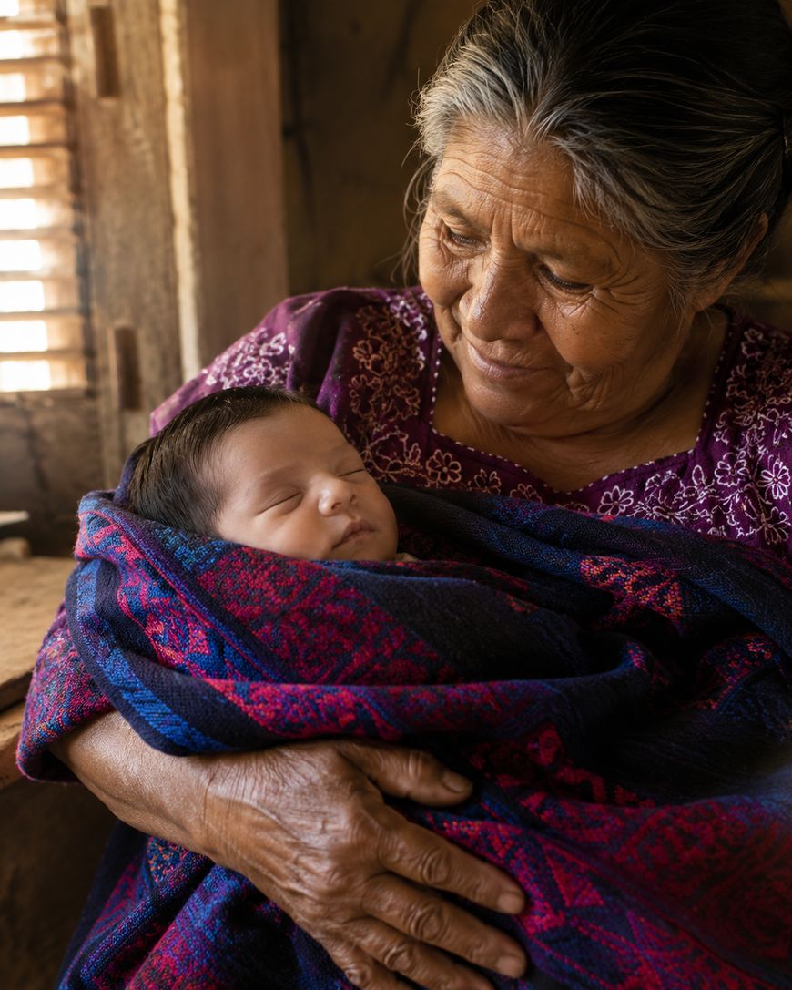 An elderly woman in a purple embroidered blouse cradles a sleeping baby wrapped in a blue and red blanket, smiling gently while sitting indoors near a window with wooden blinds.