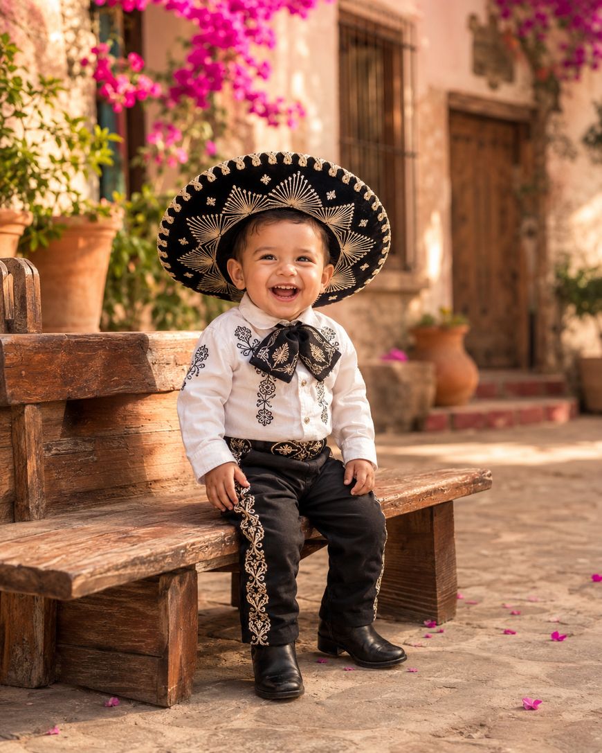 A smiling young boy in a traditional mariachi outfit sits on a wooden bench outdoors, surrounded by blooming pink flowers and rustic buildings in the background.