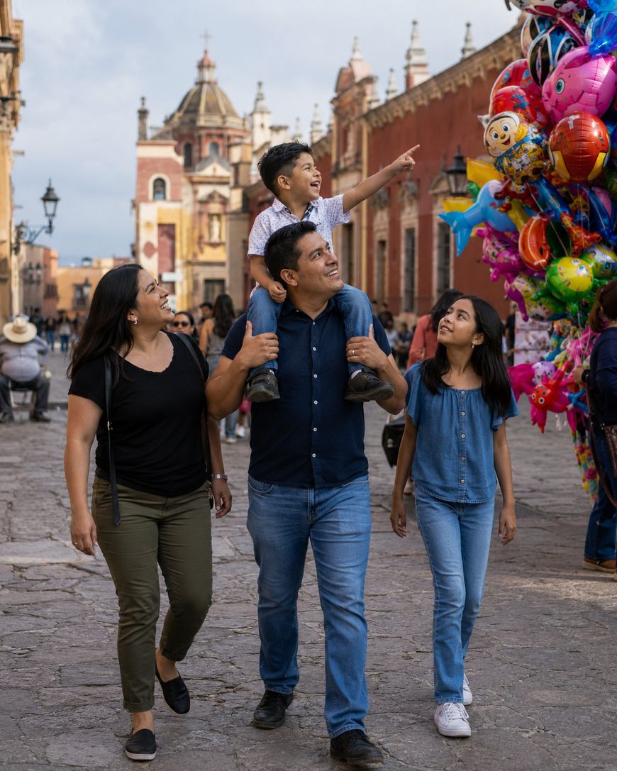 A smiling family walks on a cobblestone street near colorful buildings; a man carries a boy on his shoulders, who points excitedly at a bunch of bright balloons, while two women walk beside them, also smiling.