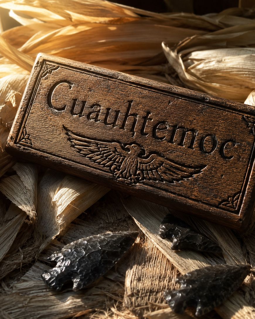 A wooden plaque with the word Cuauhtemoc engraved above a stylized eagle, surrounded by dried corn husks and black arrowheads. Warm light highlights the textures and details of the scene.