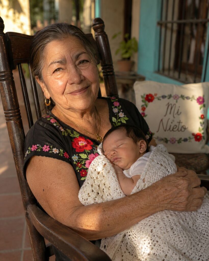 An elderly woman in a rocking chair smiles while holding a sleeping baby wrapped in a crocheted blanket. Behind her is a cushion embroidered with the words Mi Nieto. Sunlight gently lights the cozy scene.