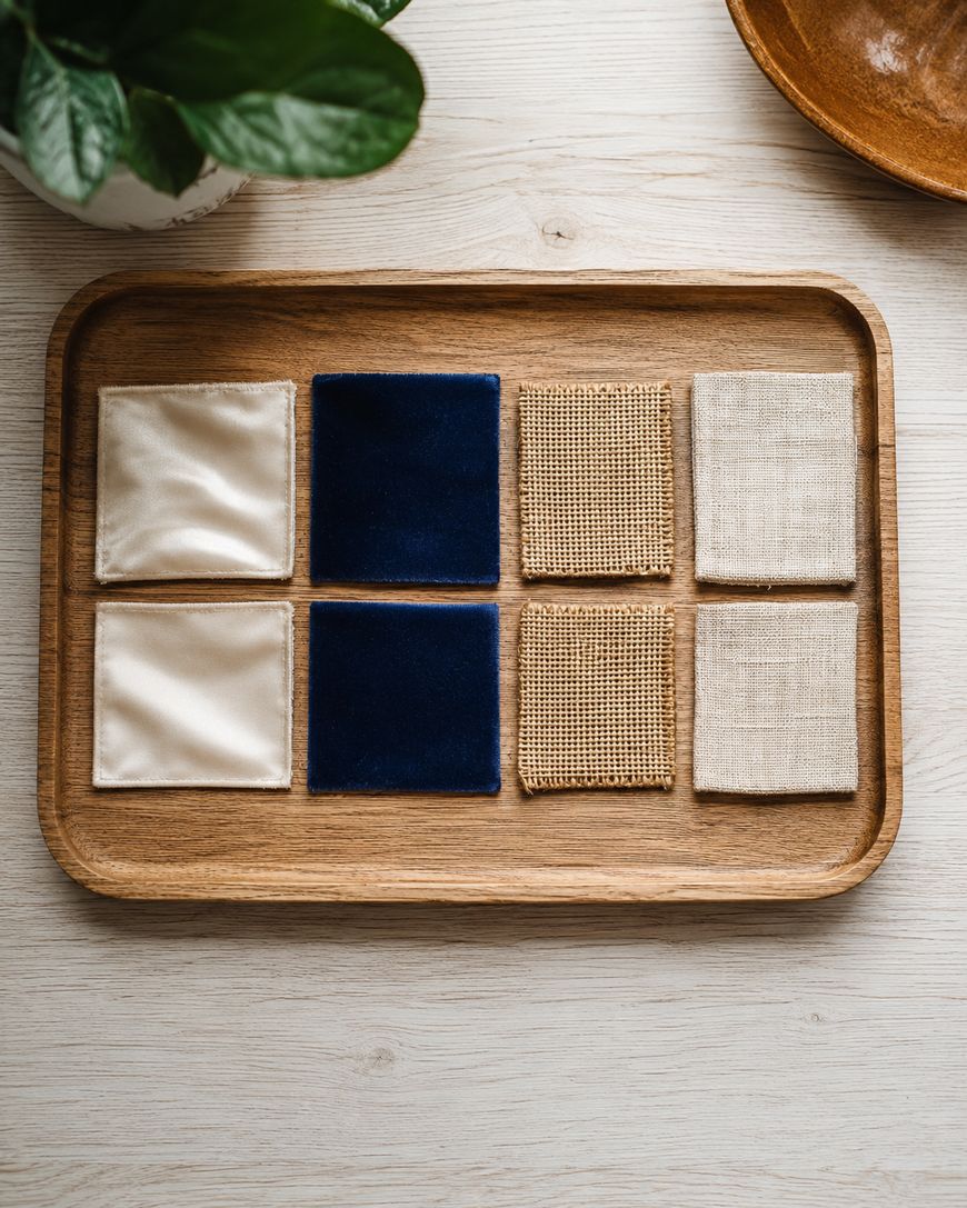 A wooden tray displays six fabric swatches in two rows: two cream satin squares, two dark blue velvet squares, and two beige textured squares, arranged neatly on a light wooden surface. A plant and bowl are nearby.