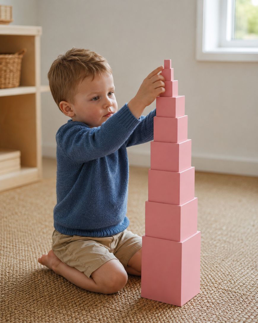 A young child wearing a blue sweater and beige shorts sits on a carpeted floor, carefully stacking pink cubes of decreasing size to build a tall tower in a cozy, well-lit room.