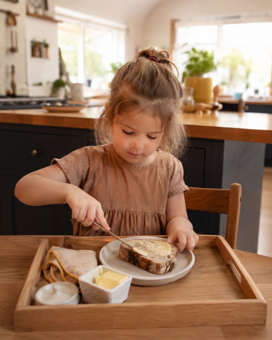 A young girl with brown hair in a ponytail spreads butter on a slice of bread at a wooden table, sitting in a bright kitchen. A butter dish, napkin, and plate are on a wooden tray in front of her.