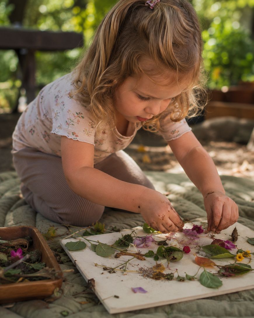 A young child with light brown hair is kneeling outdoors on a blanket, arranging colorful leaves and flowers on a piece of paper, engaged in a creative nature activity.