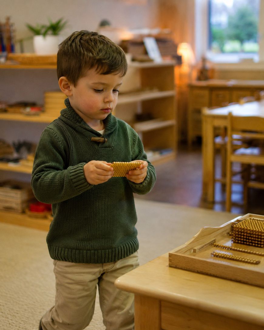 A young boy wearing a green sweater and beige pants stands in a classroom, holding Montessori golden bead materials, with shelves and wooden furniture in the background.