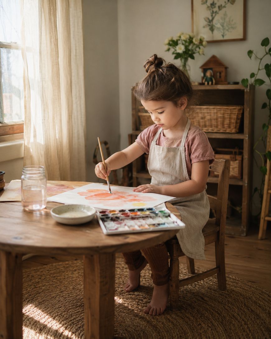 A young girl wearing an apron sits at a wooden table, painting with watercolors in a sunlit room. Art supplies and a glass of water are on the table, with shelves and plants in the cozy background.