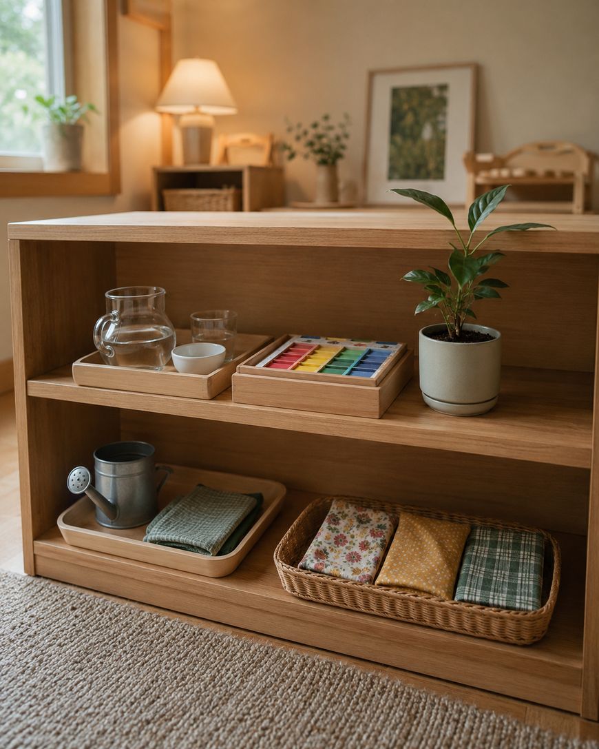A wooden shelf holds a potted plant, a tray with watercolor paints, glass pitcher and cup, a metal watering can with cloths, and a basket with folded patterned fabrics in a cozy, softly lit room.