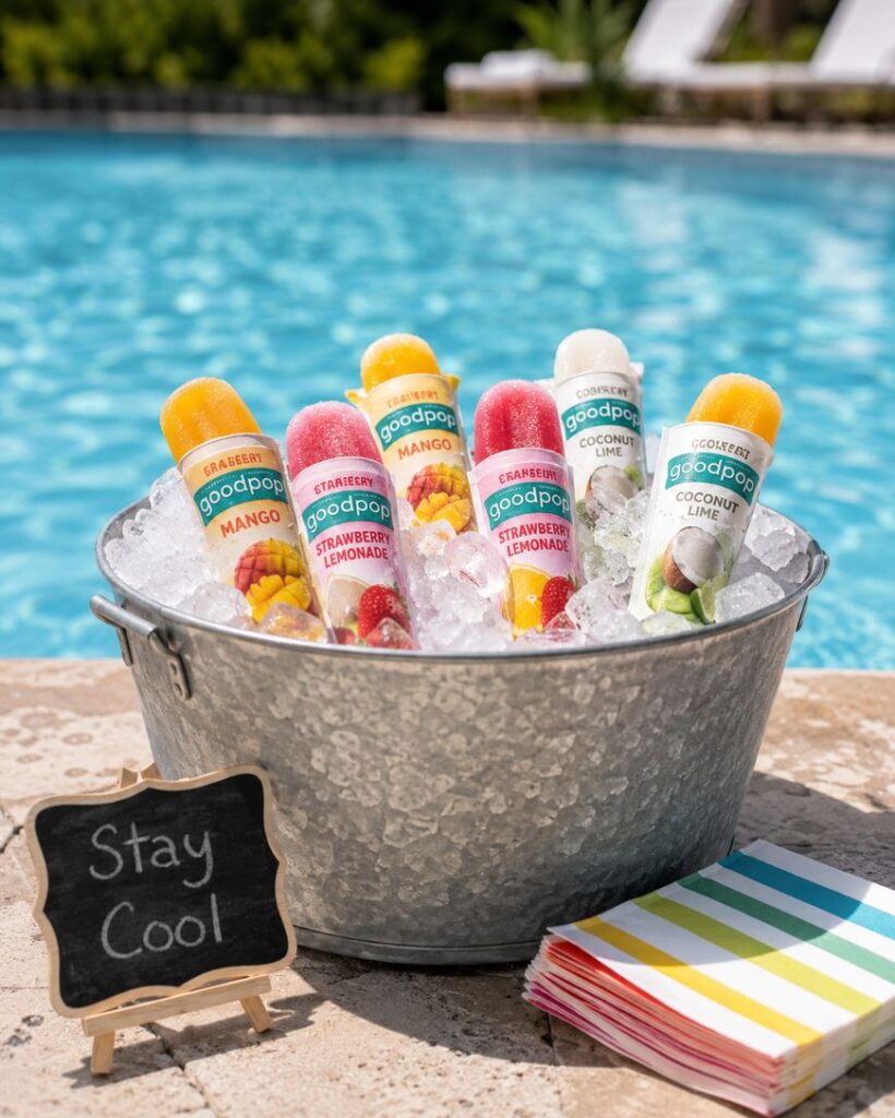 A metal bucket filled with GoodPop frozen pops sits by a pool. Popsicle flavors include mango, strawberry lemonade, and coconut lime. A small chalkboard sign reads Stay Cool beside colorful striped napkins.