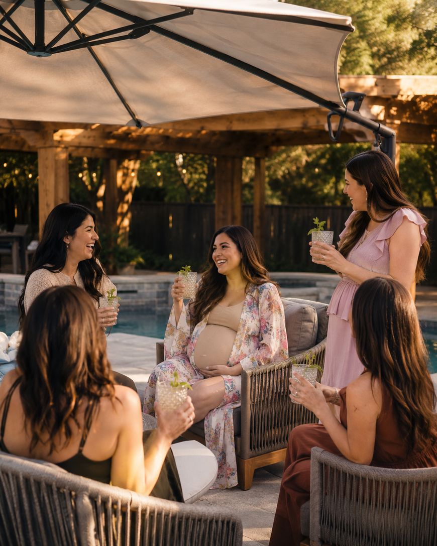 Five women are gathered outdoors by a pool, smiling and holding drinks. One woman, seated in the center and visibly pregnant, wears a floral robe. The group is enjoying a sunny, relaxed atmosphere under a patio umbrella.