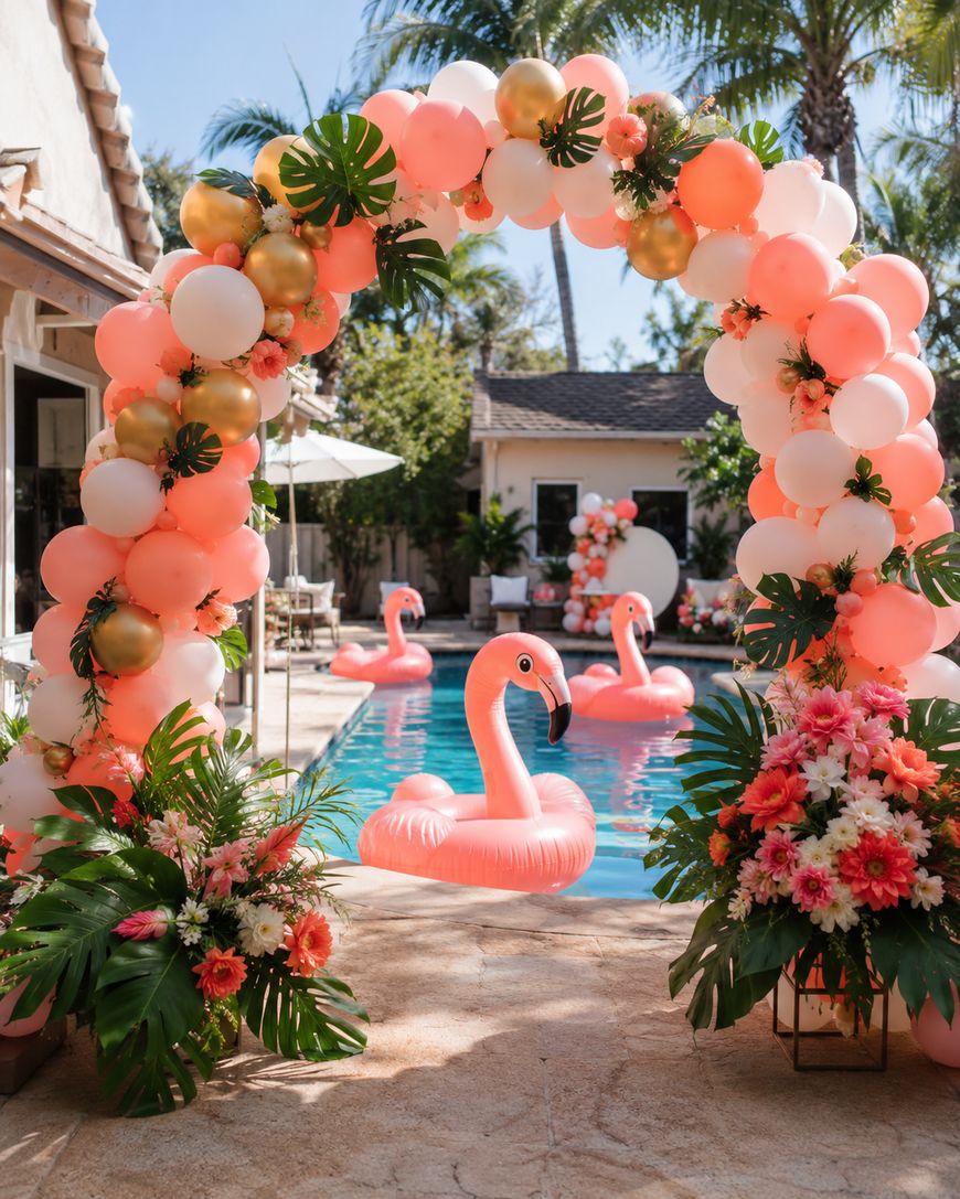 A festive poolside scene features a pink and gold balloon arch with tropical flowers. Pink flamingo pool floats are in the water, surrounded by palm trees and vibrant floral arrangements.